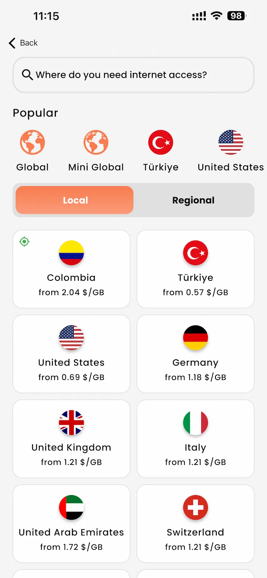 BNESIM eSIM country selection