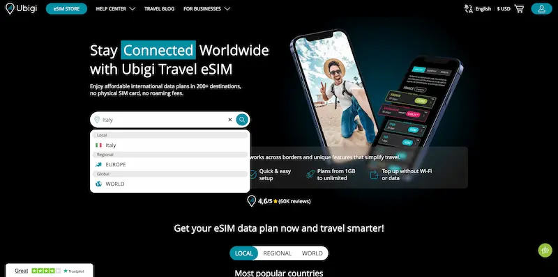 Ubigi browser homepage