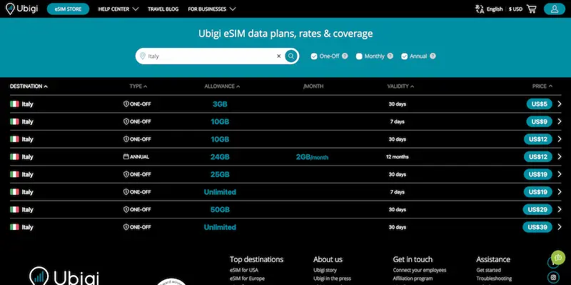 Ubigi browser plan selection